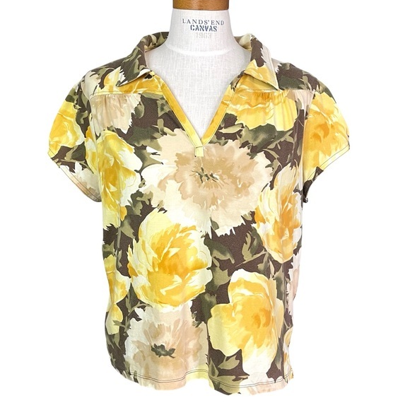 Caribbean Joe SzXL Cotton Floral V-Neck Short Sleeve Collared Pullover - Picture 1 of 9